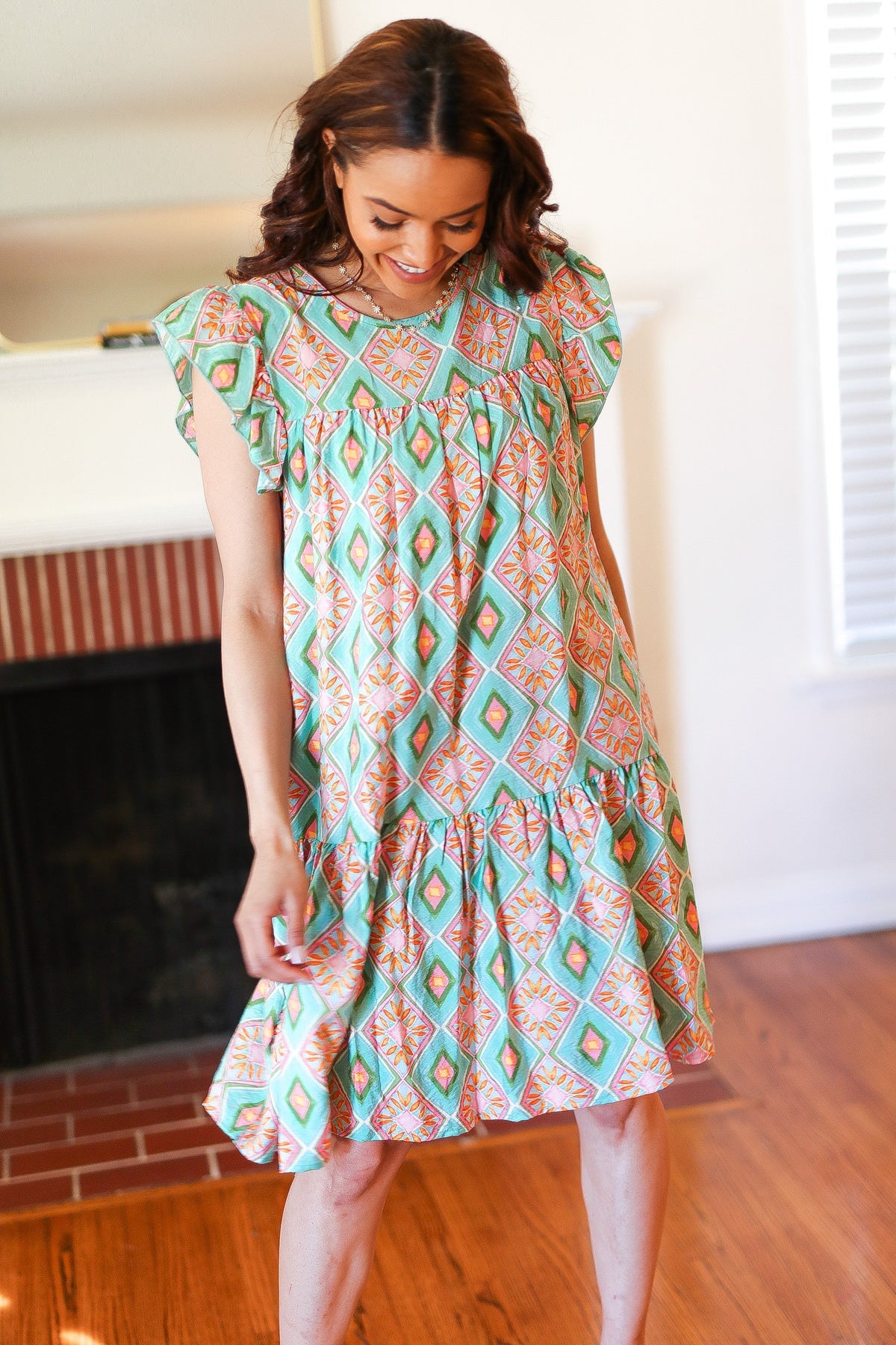 Mint Geo Boho Print Yoke Poplin Woven Dress