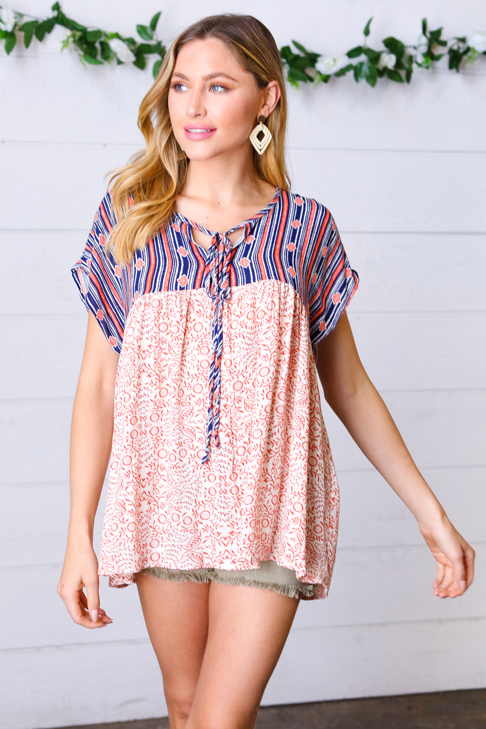 Navy & Coral Boho Tie Neck Dolman Top