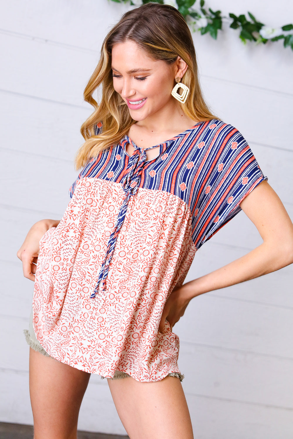 Navy & Coral Boho Tie Neck Dolman Top