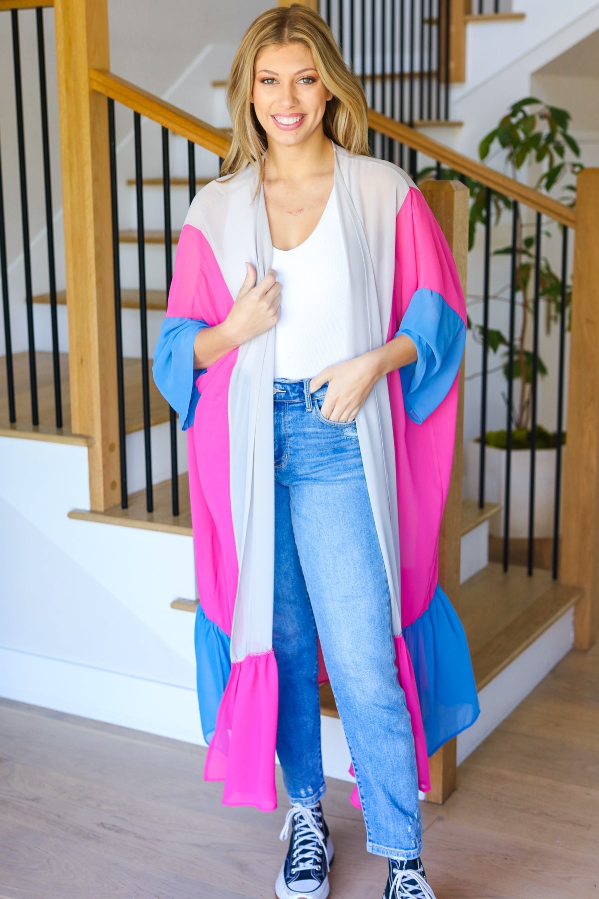 Feel Your Best Taupe & Fuchsia Color Block Ruffle Hem Kimono