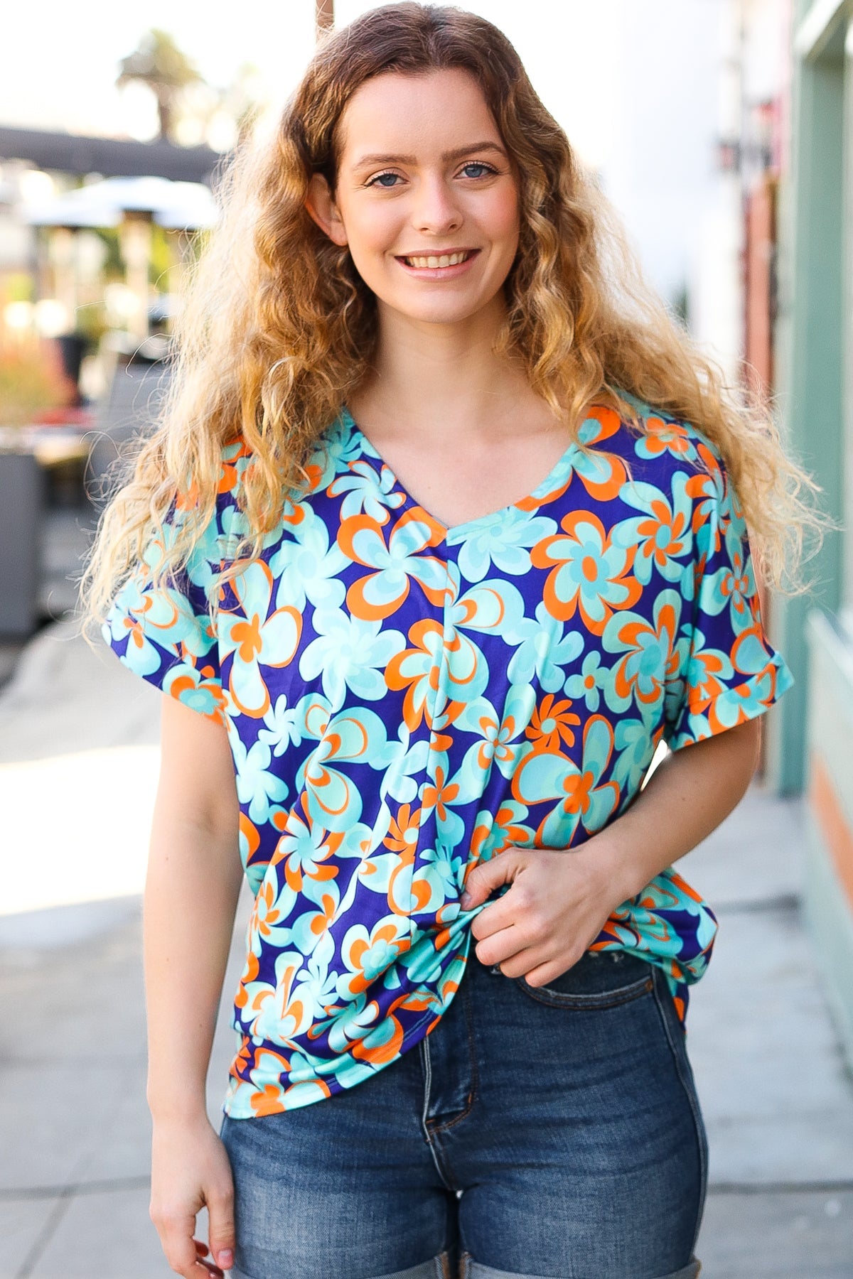 Blue & Orange Flat Floral V Neck Top