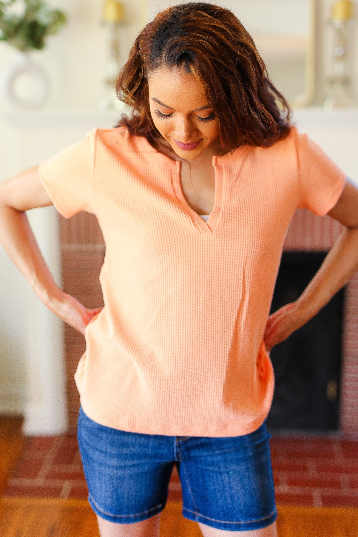 Feel Your Best Coral Baby Waffle Henley Neckline Top