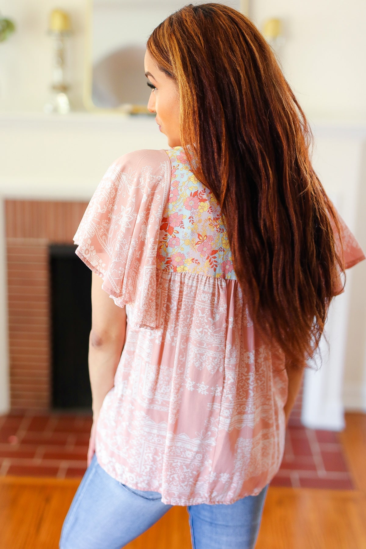 Blush Paisley Floral Yoke Tie Neck Top