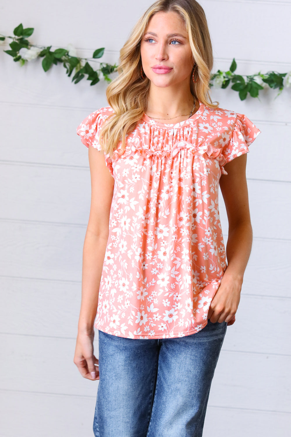 Peach Floral Print Frilled Short Sleeve Yoke Top