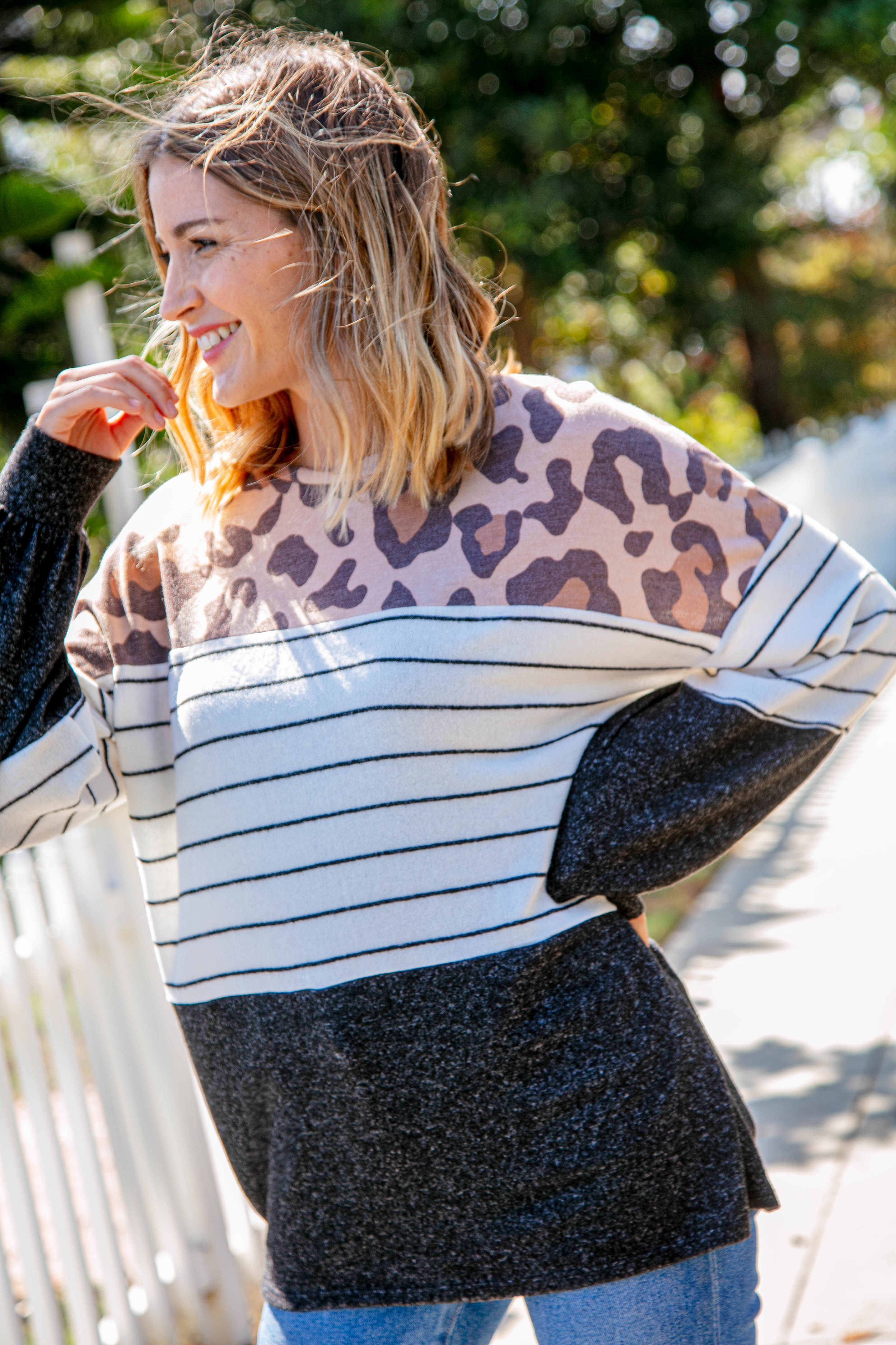 Two Tone Hacci Leopard Stripe Color Block Top