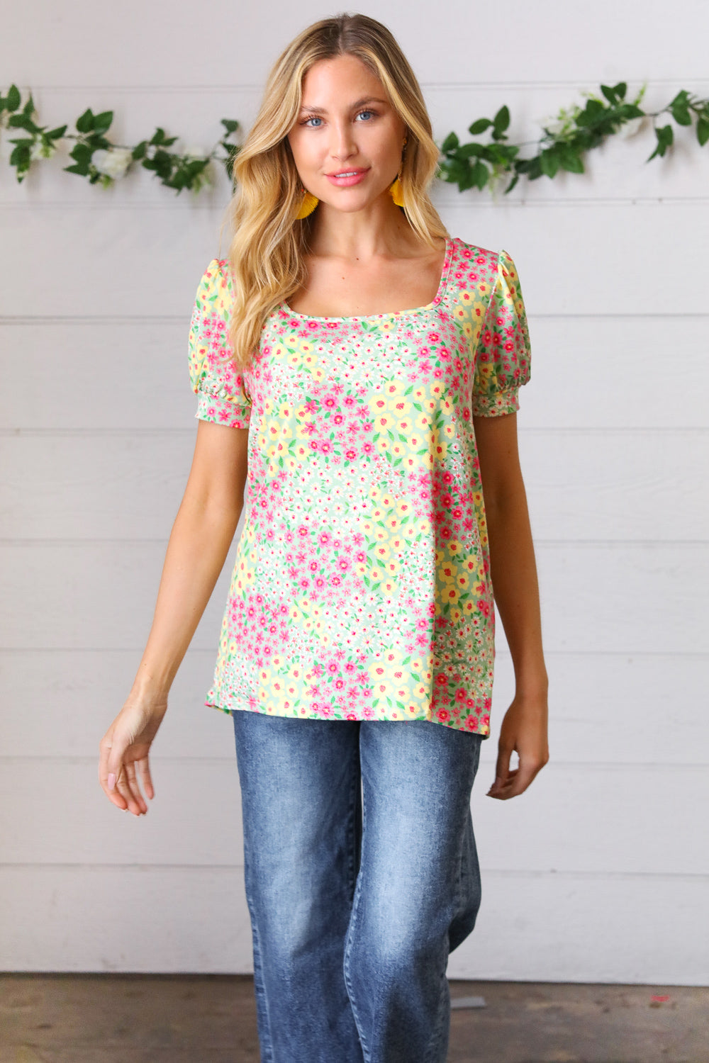 Canary/Mint Floral Square Neck Bubble Sleeve Top