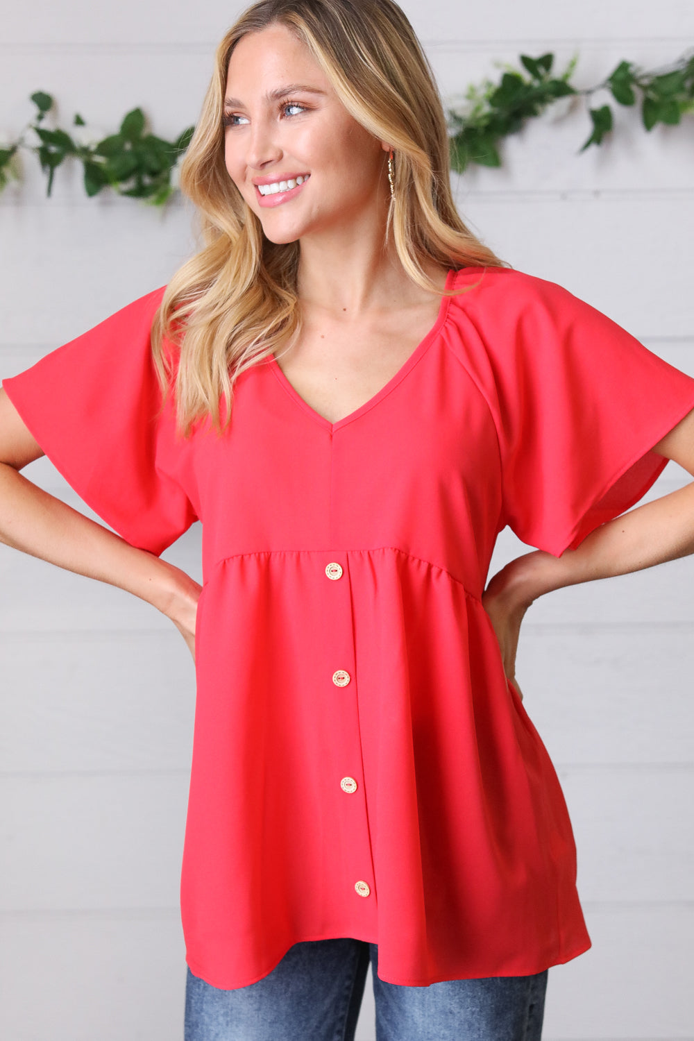 Cherry Red Babydoll Button Down Raglan Woven Top