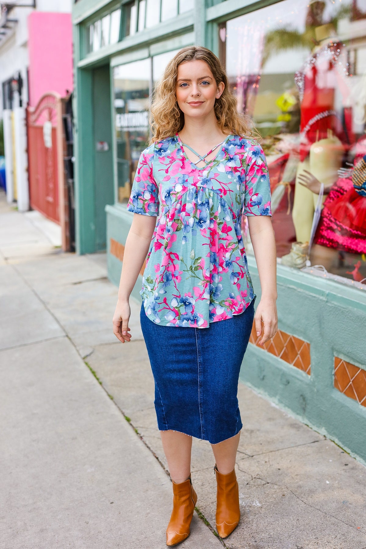 Sunny Days Light Teal Floral Criss Cross V Neck Babydoll Top