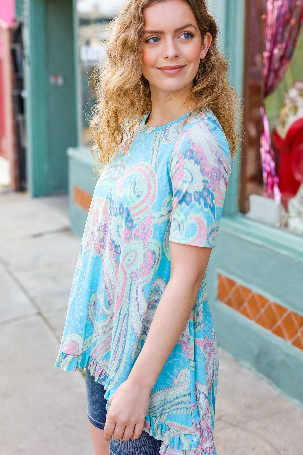 All About You Sky Blue Paisley Ruffle Hem Tunic Top