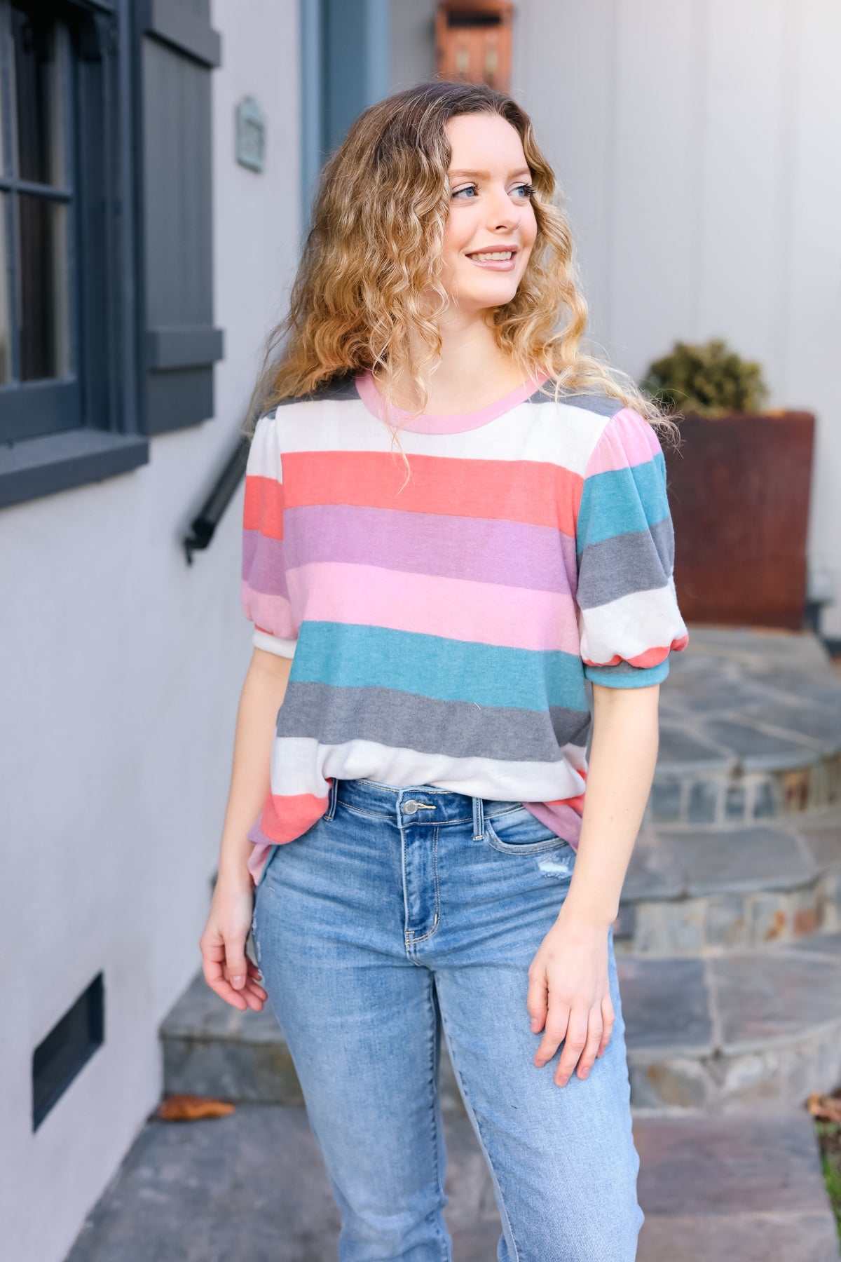 Look Out Teal & Rose Striped Hacci Knit Puff Sleeve Top