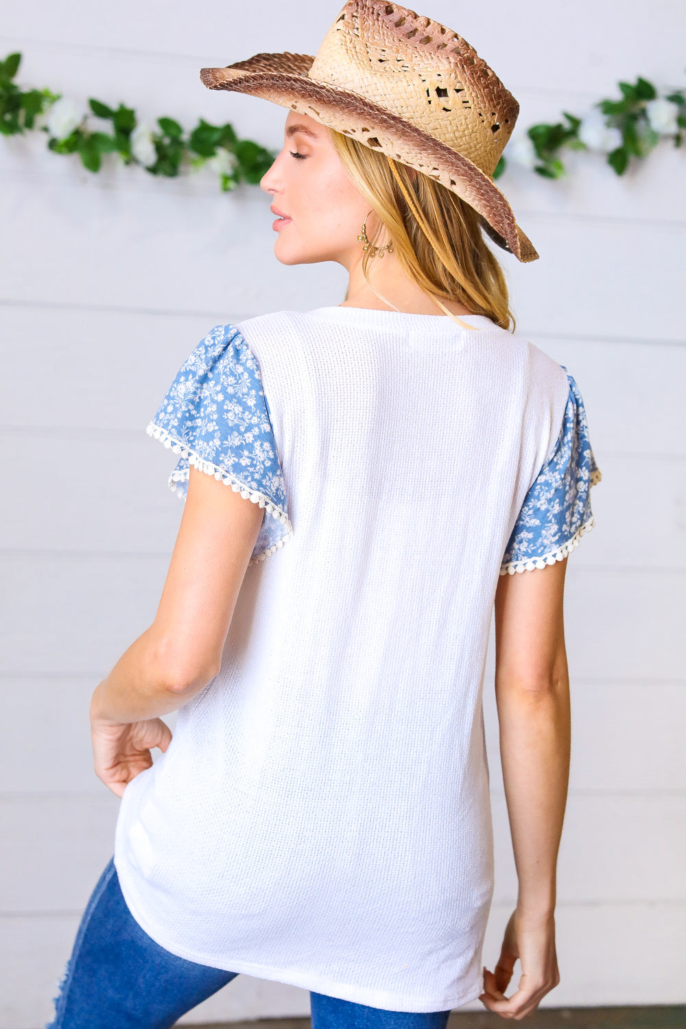 Denim & White Floral Short Flutter Sleeve Top