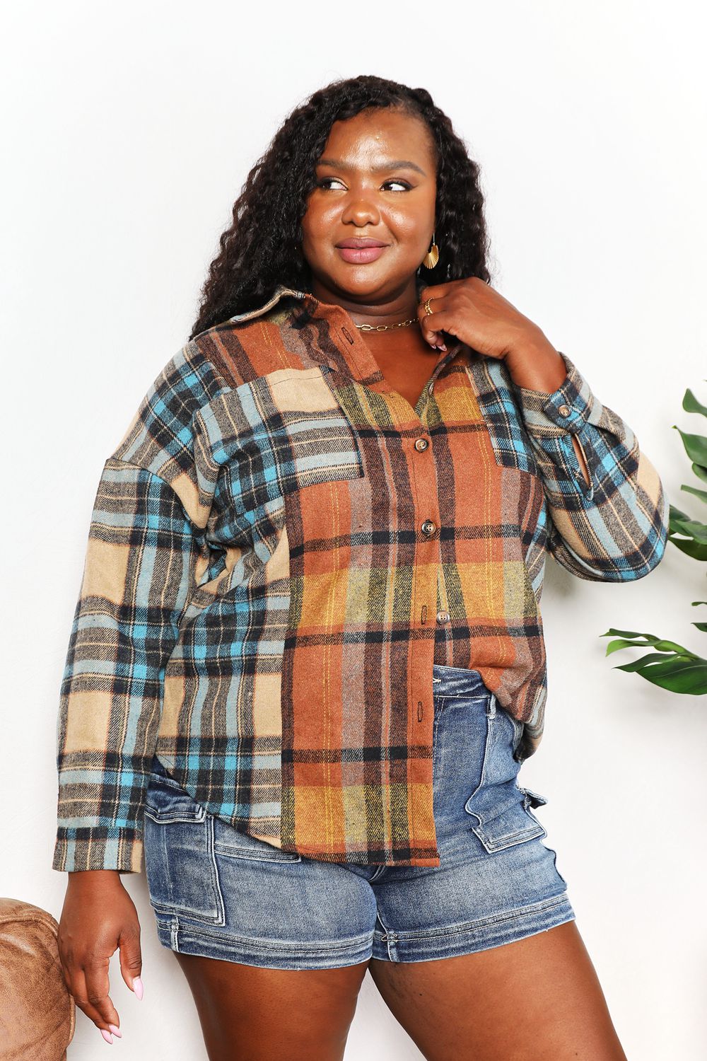 Double Take Plaid Curved Hem Shirt Jacket with Breast Pockets