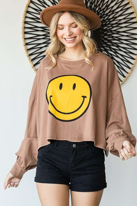 SMILEY FACE LONG SLEEVE CROP TOP