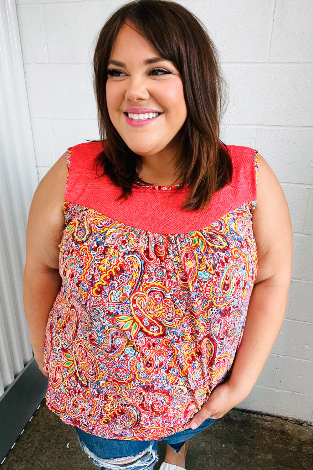 Coral Jacquard Lace Paisley Print Tank Top