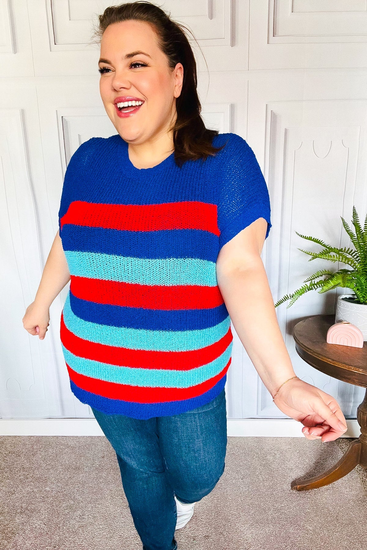 Forget Me Not Royal Blue Stripe Short Sleeve Dolman Sweater