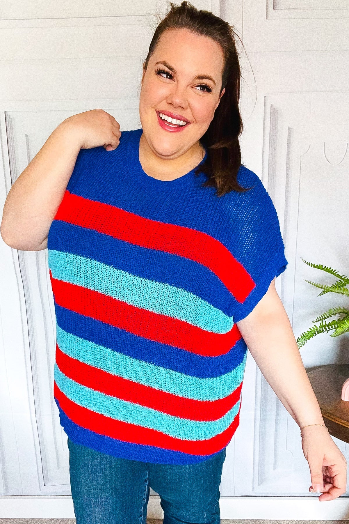 Forget Me Not Royal Blue Stripe Short Sleeve Dolman Sweater