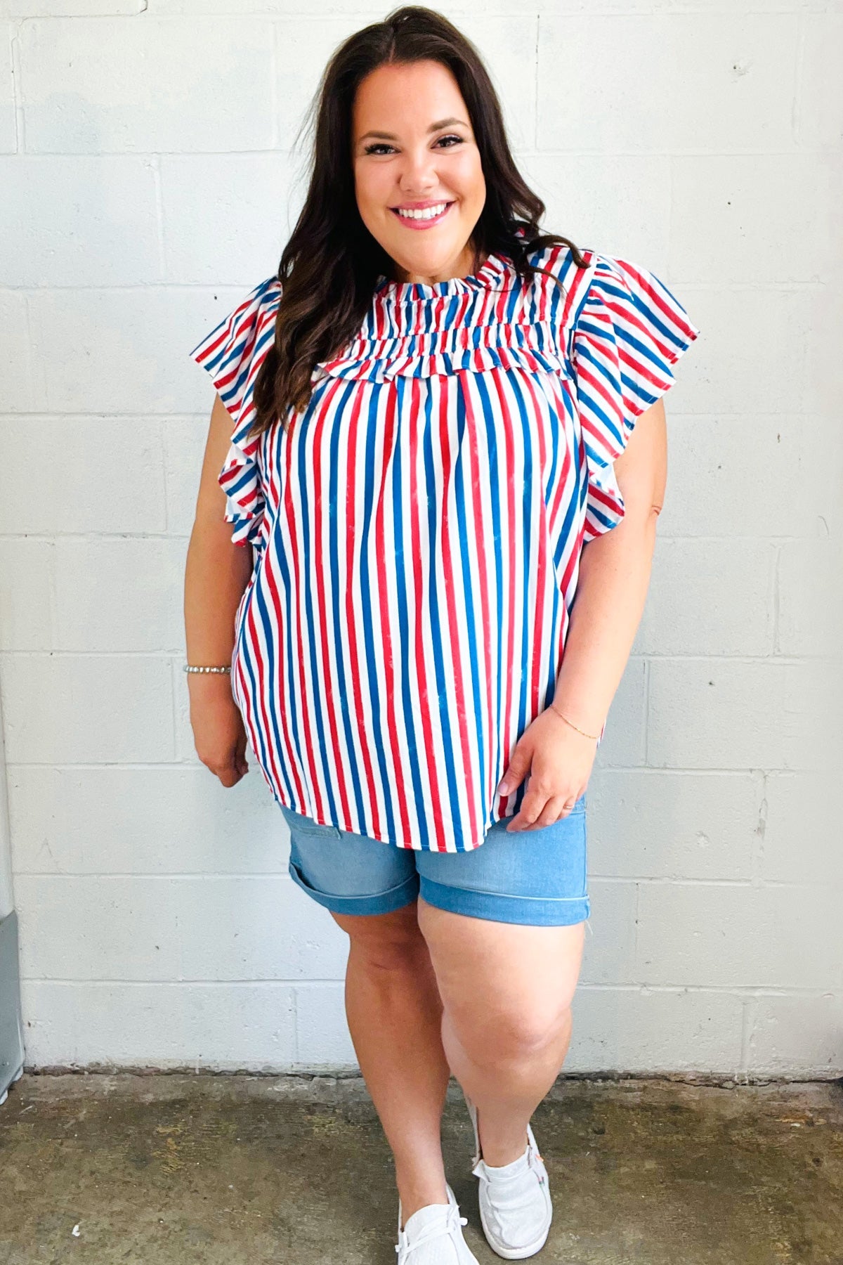 American Red White & Blue Stripe Shirred Yoke Neck Top