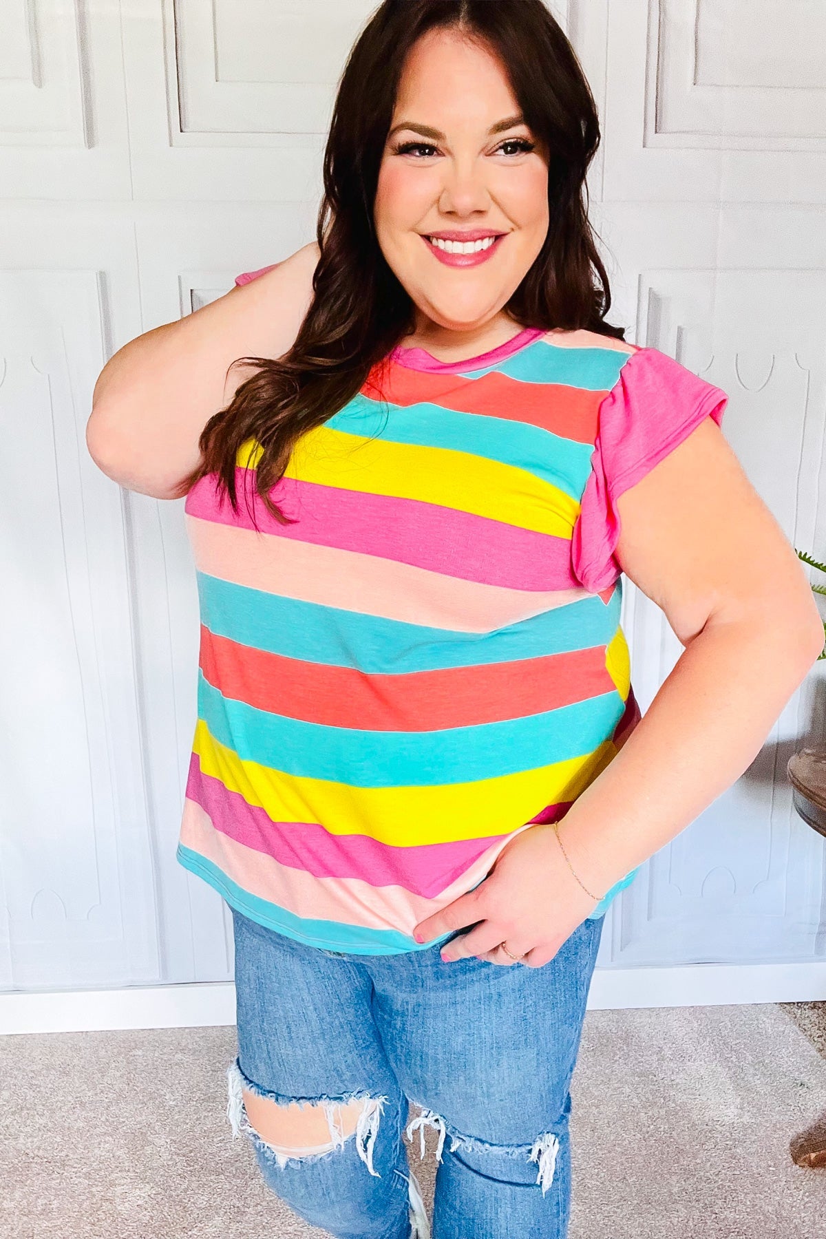 Relaxed Fun Mint & Fuchsia Stripe Flutter Sleeve Terry Knit Top