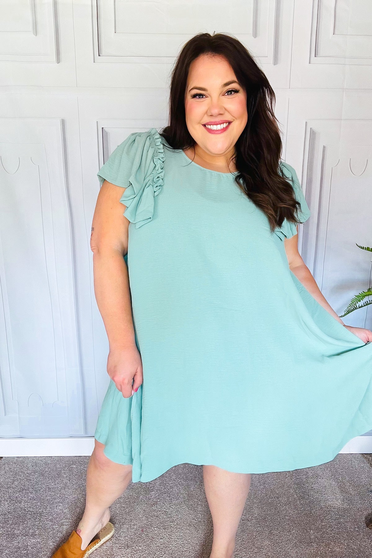 Out For The Day Sage Crinkle Woven Ruffle Sleeve Dress