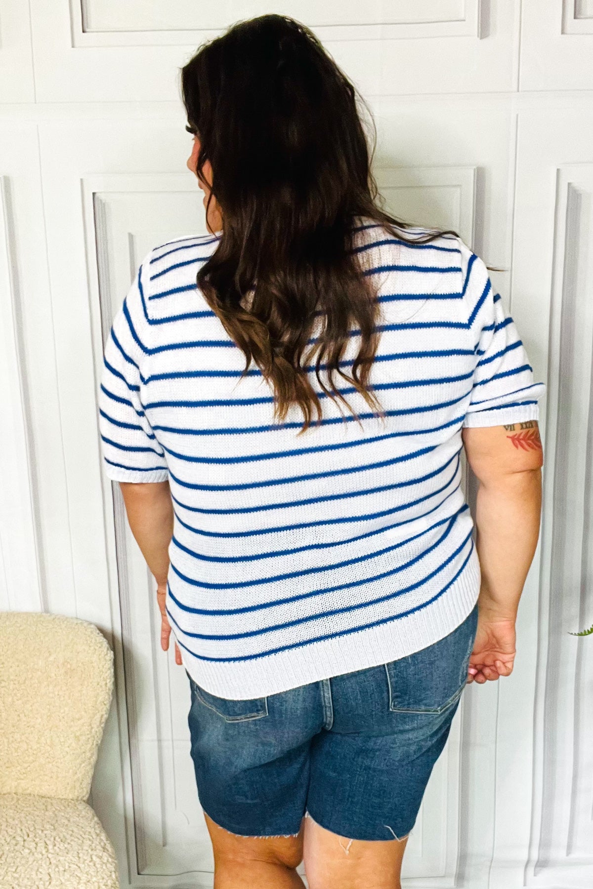 America Proud Blue Striped Embroidered Puff Sleeve Top