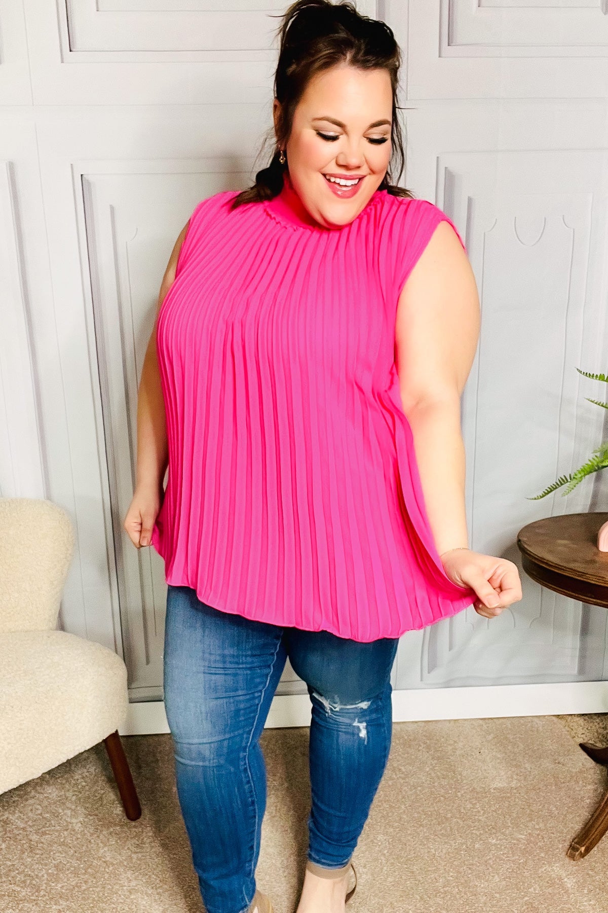 Sweet New Days Fuchsia Smocked Neck Pleated Sleeveless Top