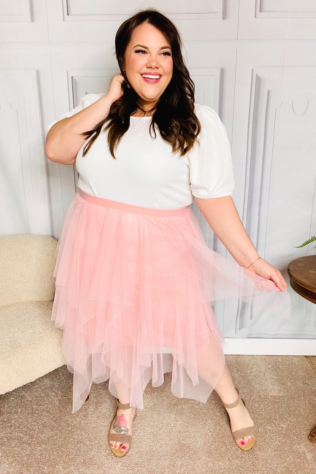 Feeling Femme' Blush Asymmetric Tiered Tulle Midi Skirt