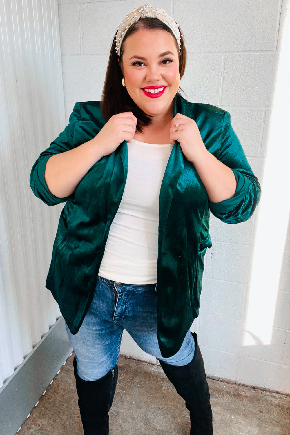 Dazzling Hunter Green Velvet Lapel Blazer