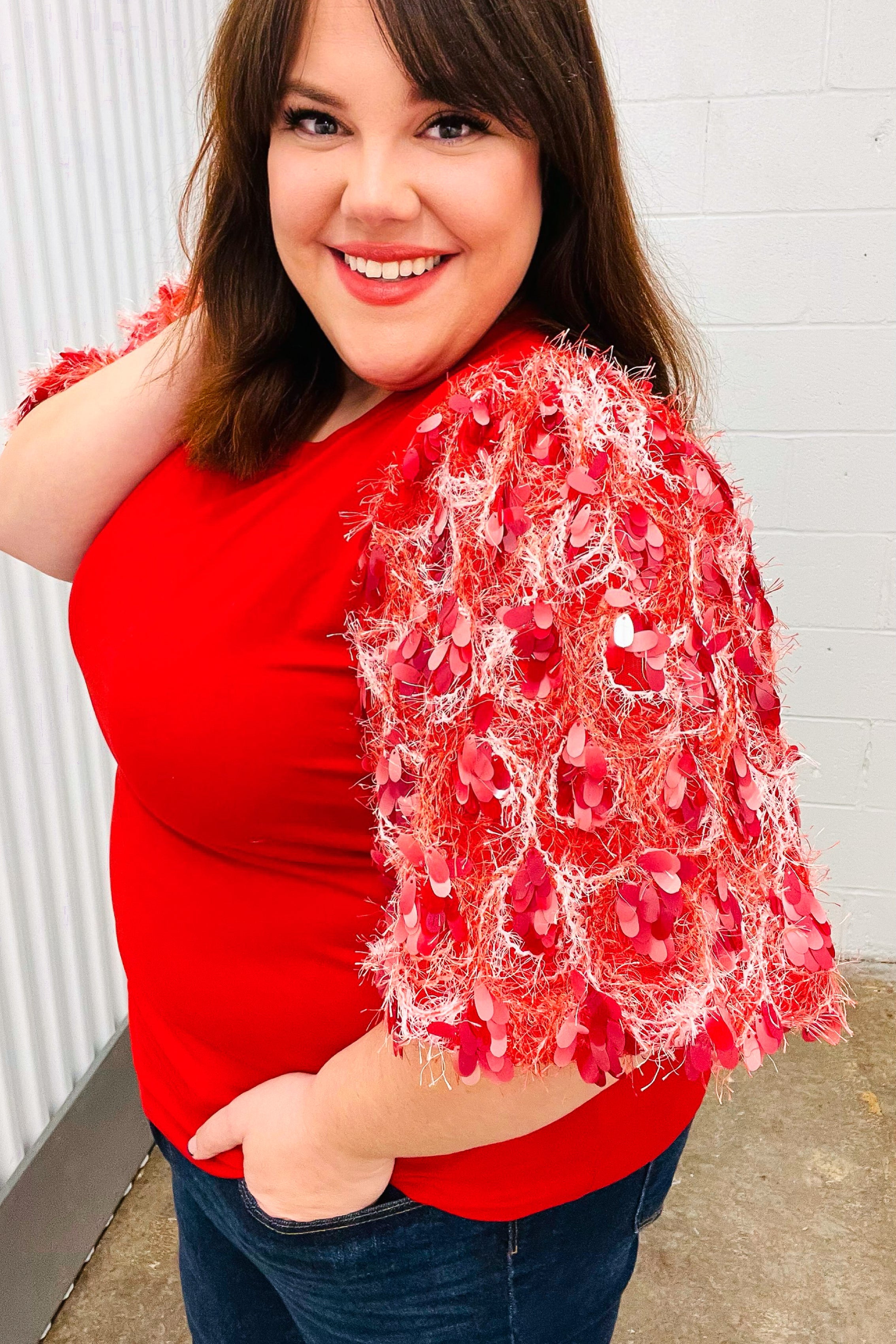 Come To Me Red Sequin Puff Short Sleeve Top