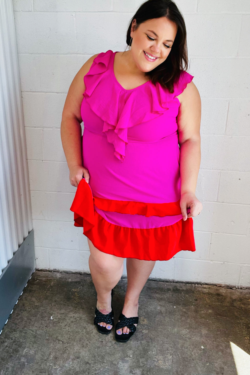 Fuchsia Ruffle V Neck Crepe Tiered Midi Dress