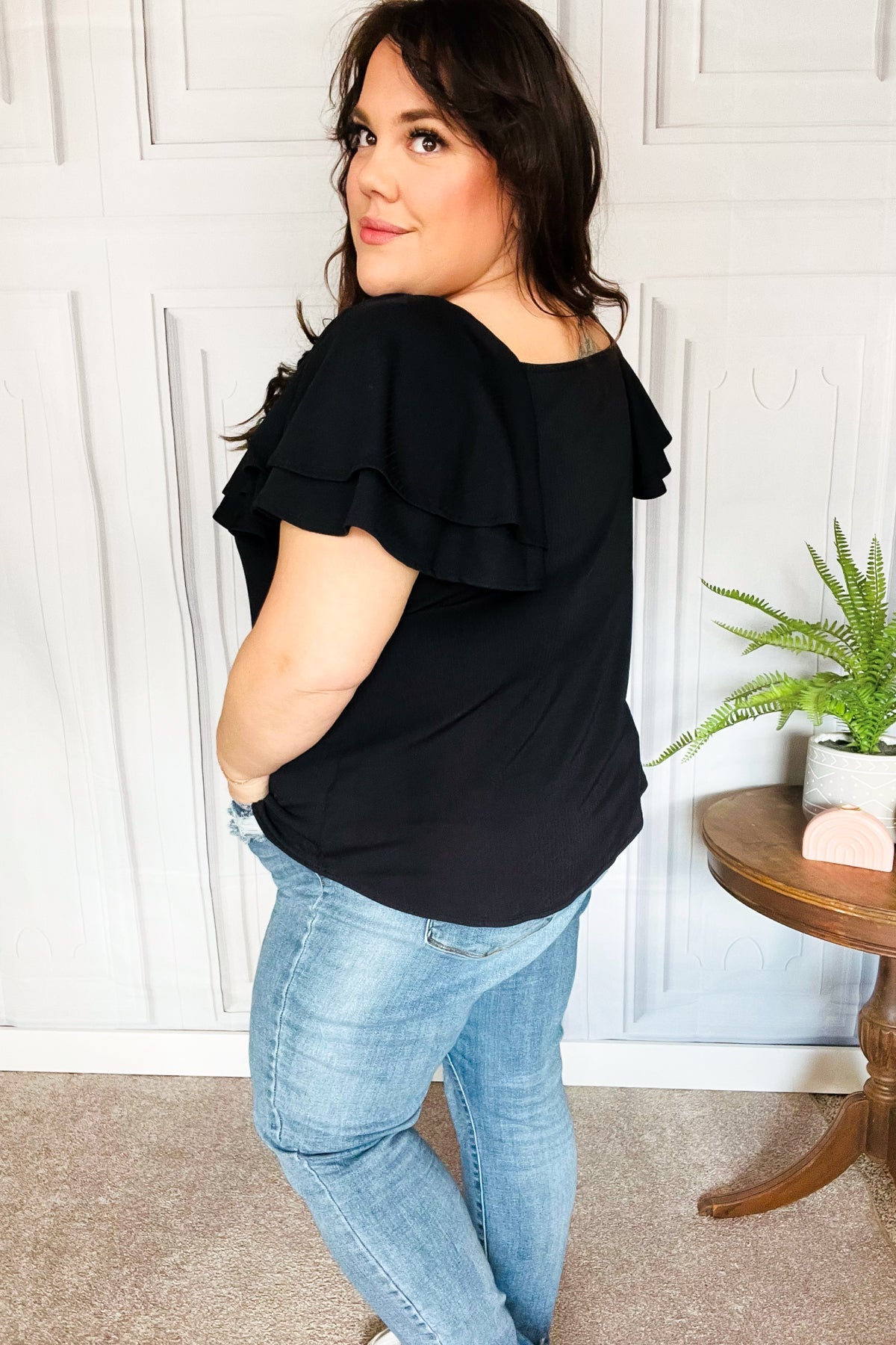 Feel The Love Black Double Ruffle Sleeve Square Neck Ribbed Top