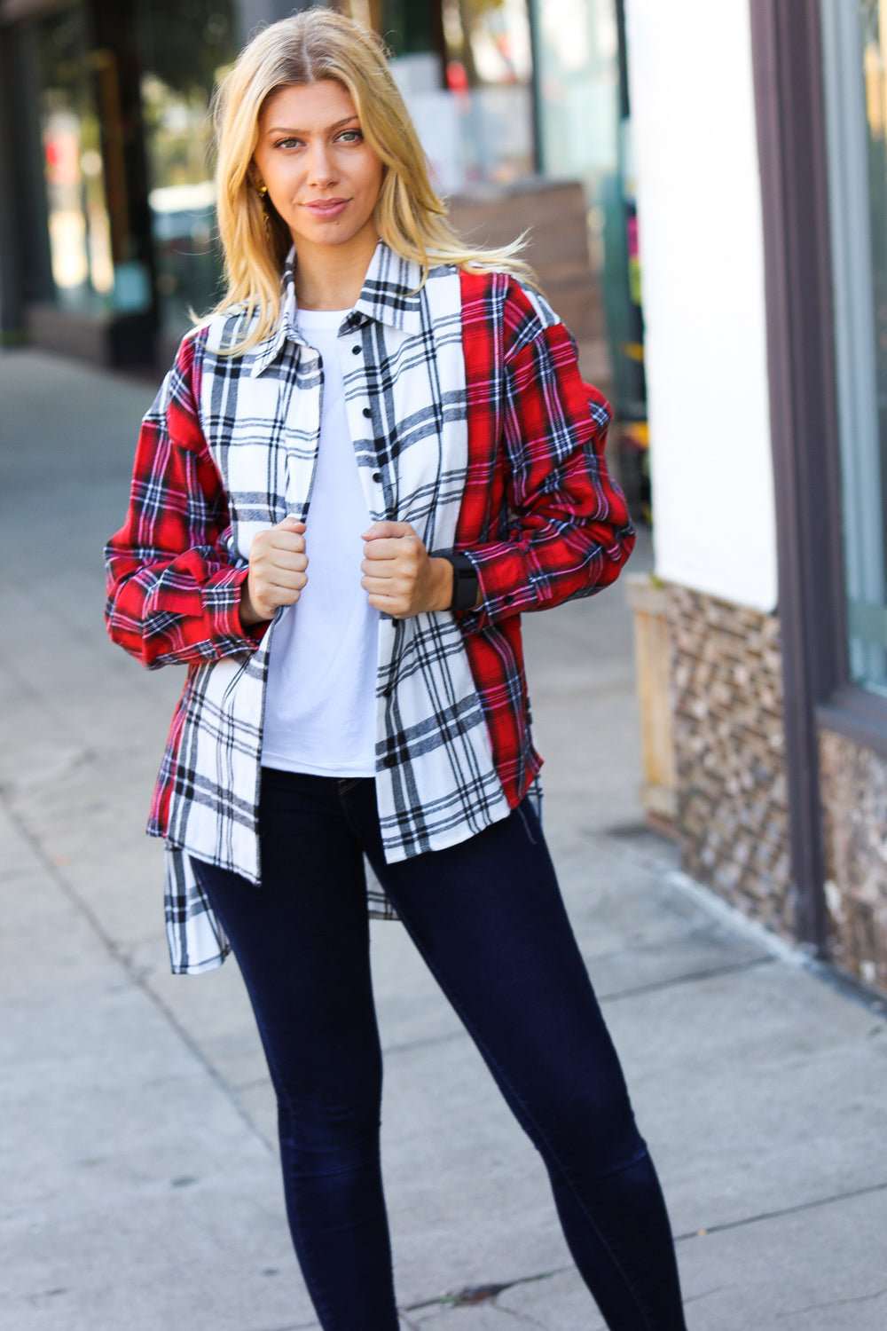 Holiday Red & White Plaid Color Block Hi Lo Shacket