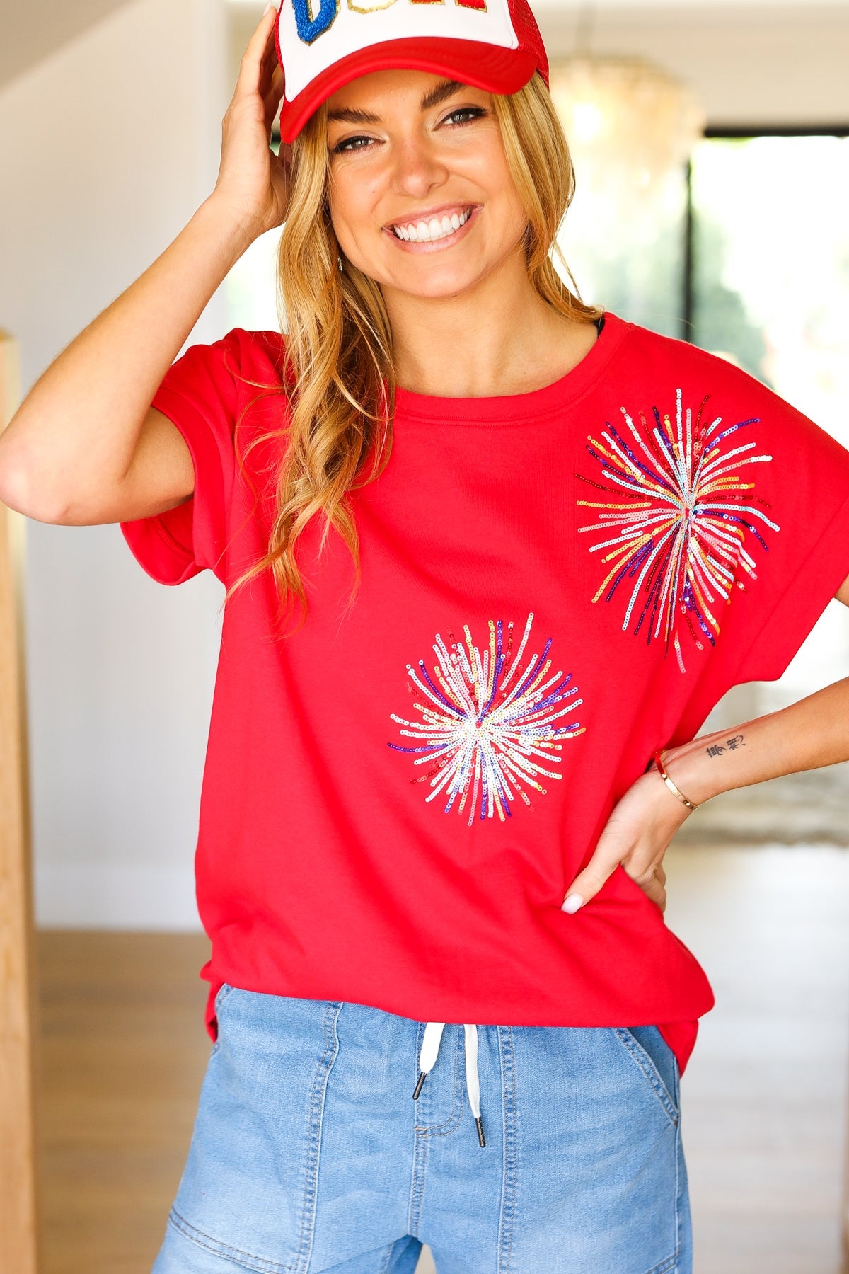 Light Me Up Red Sequin Firework Dolman Top